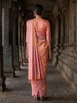 MIMOSA Peach Kanjivaram Art Silk Saree — Close-up of Model's Face and Jewelry