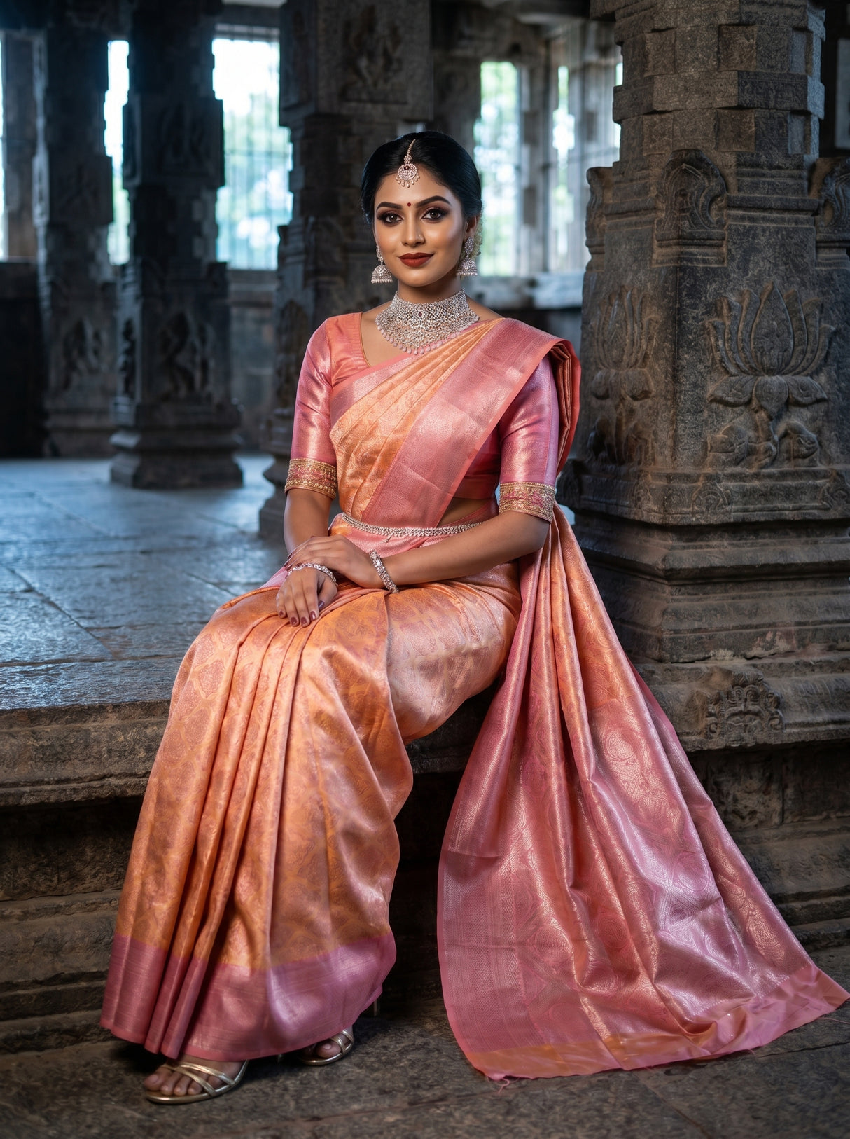 MIMOSA Peach Kanjivaram Art Silk Saree — Detail of Pallu Fabric