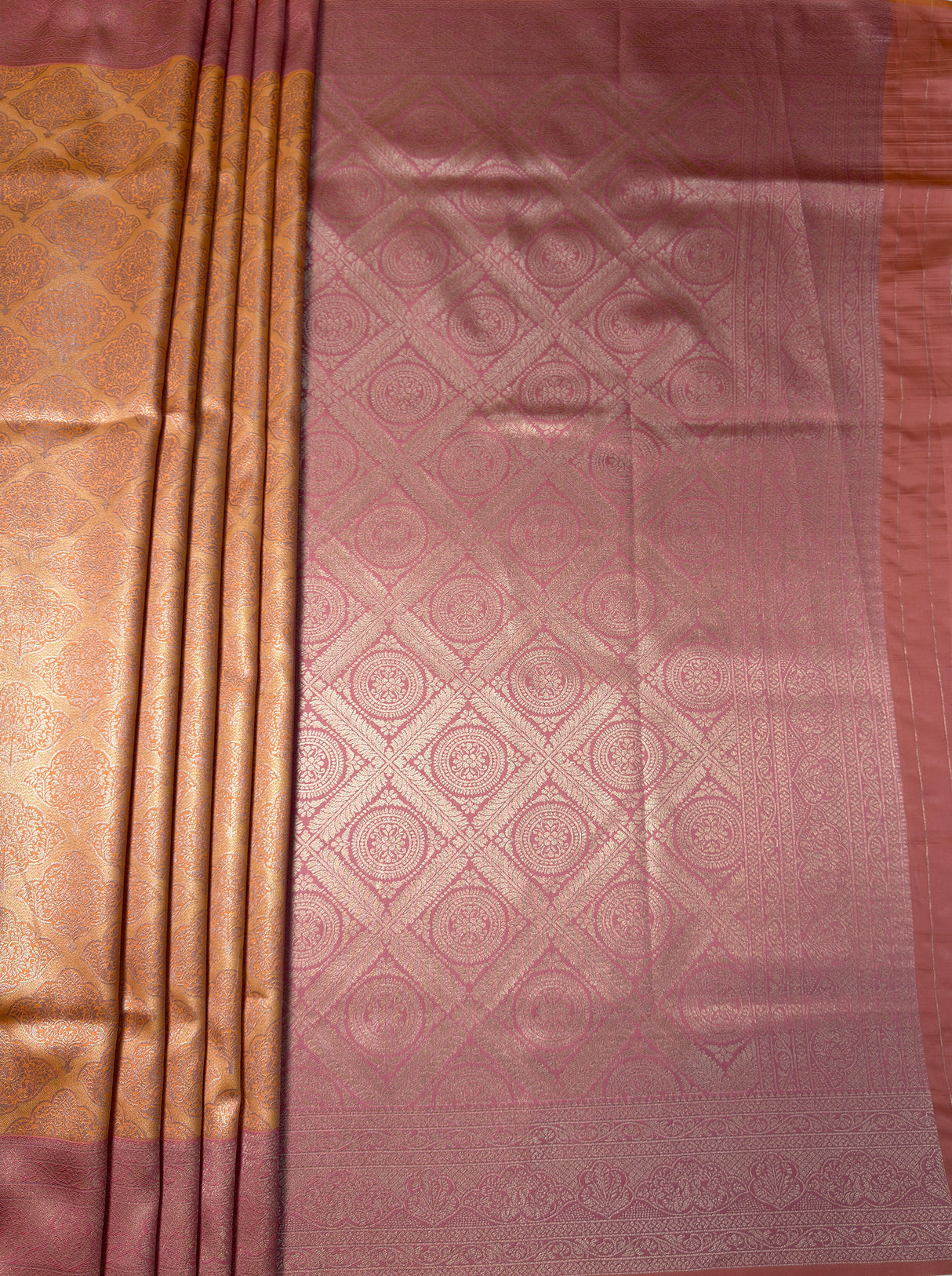 MIMOSA Peach Kanjivaram Art Silk Saree — Hem and Footwear