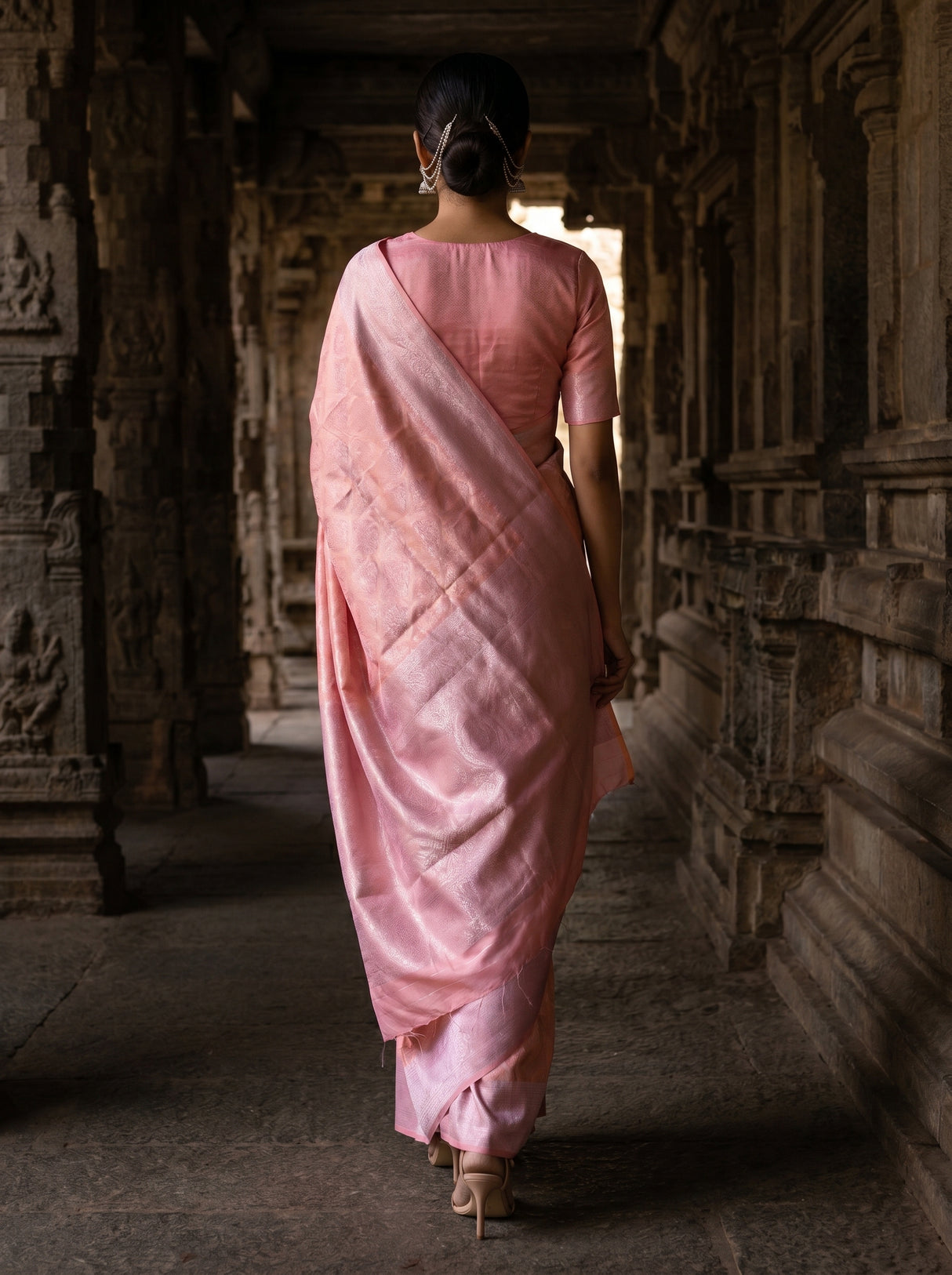 MIMOSA Pink Kanjivaram Art Silk Saree — Close-up of Model's Face and Jewelry
