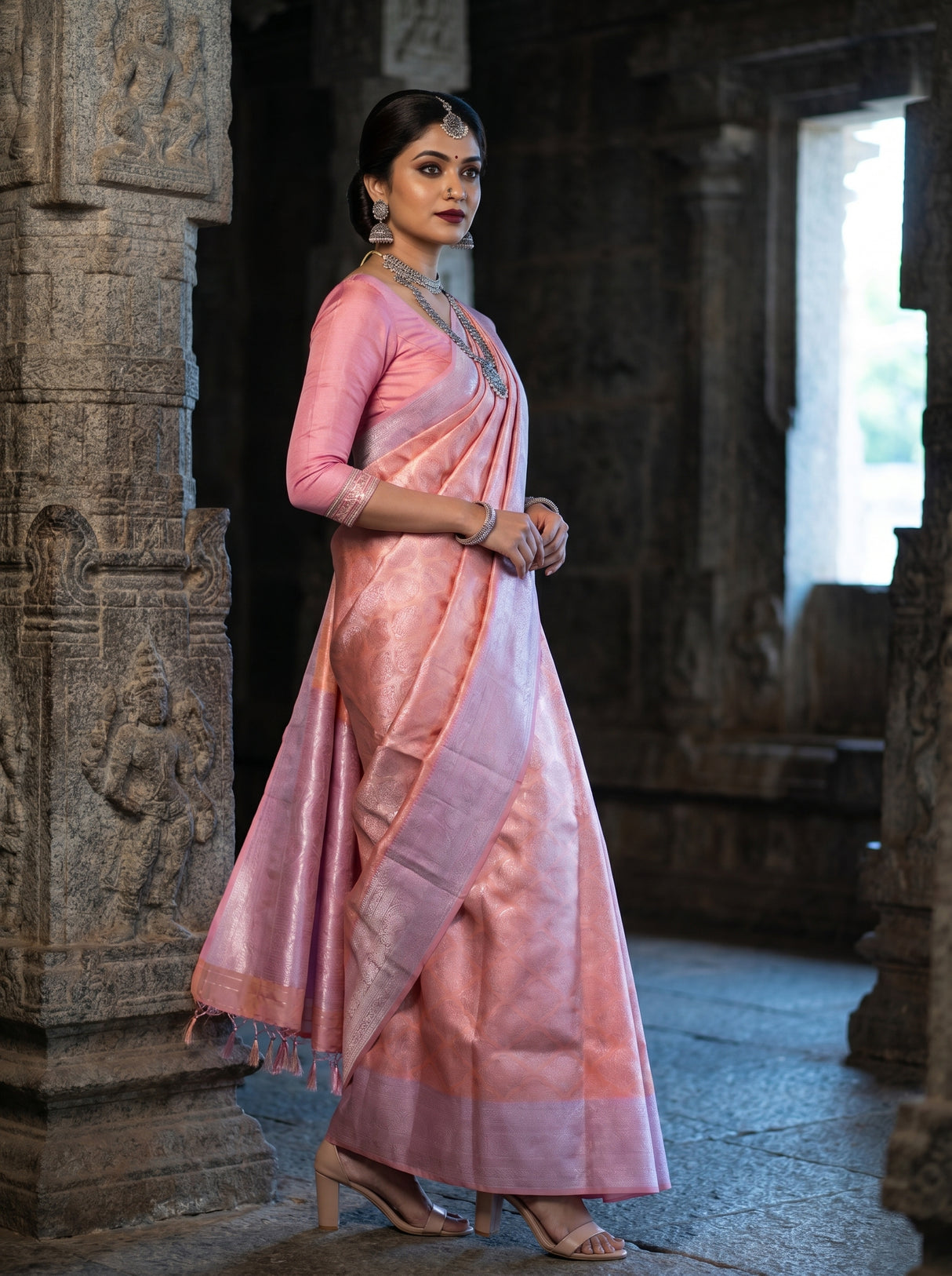 MIMOSA Pink Kanjivaram Art Silk Saree — Side View of Saree Drape
