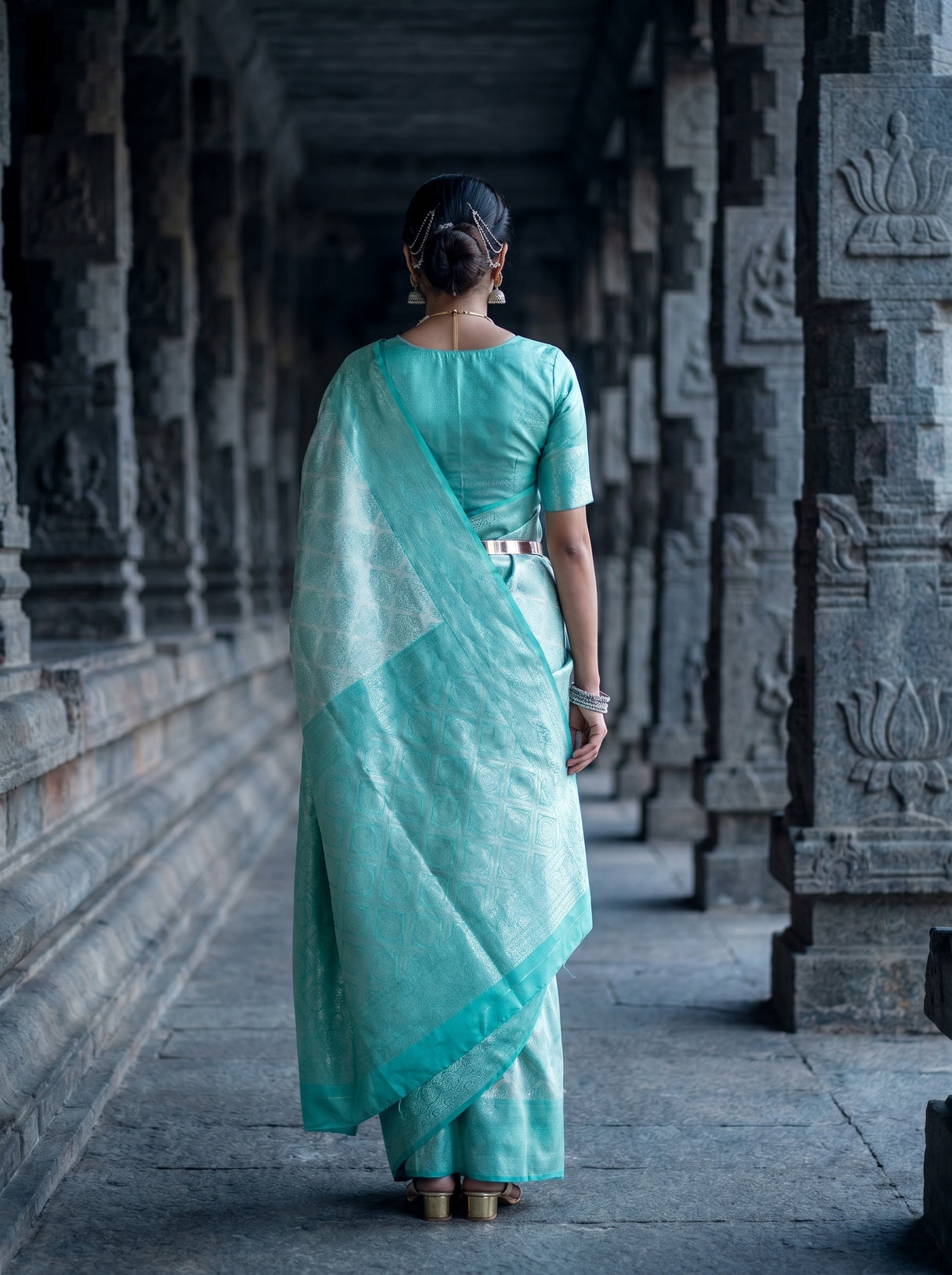 MIMOSA Rama Kanjivaram Art Silk Saree — Close-up of Model's Face and Jewelry