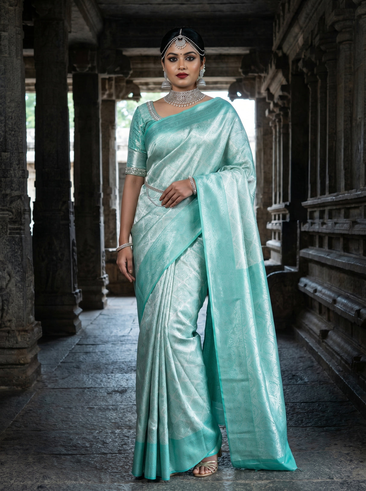 MIMOSA Rama Kanjivaram Art Silk Saree — Lower Body and Drape