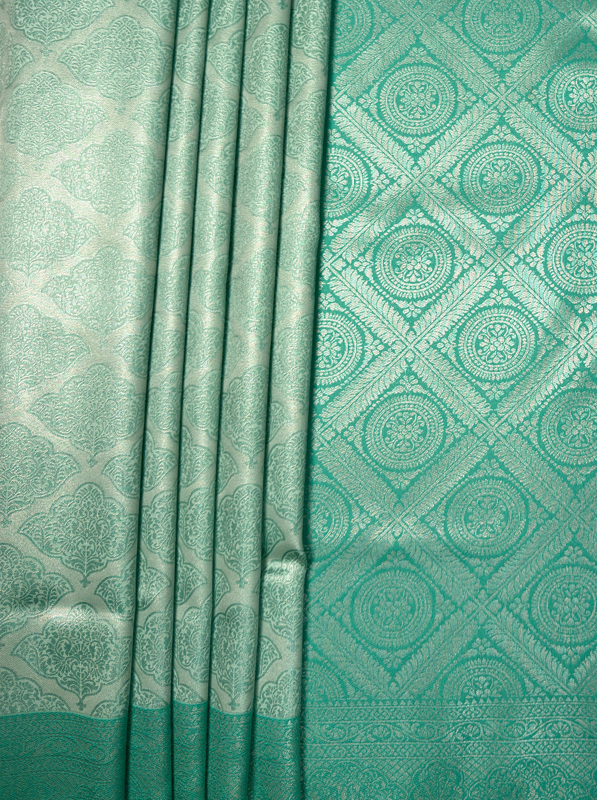 MIMOSA Rama Kanjivaram Art Silk Saree — Full view of lower drape and footwear