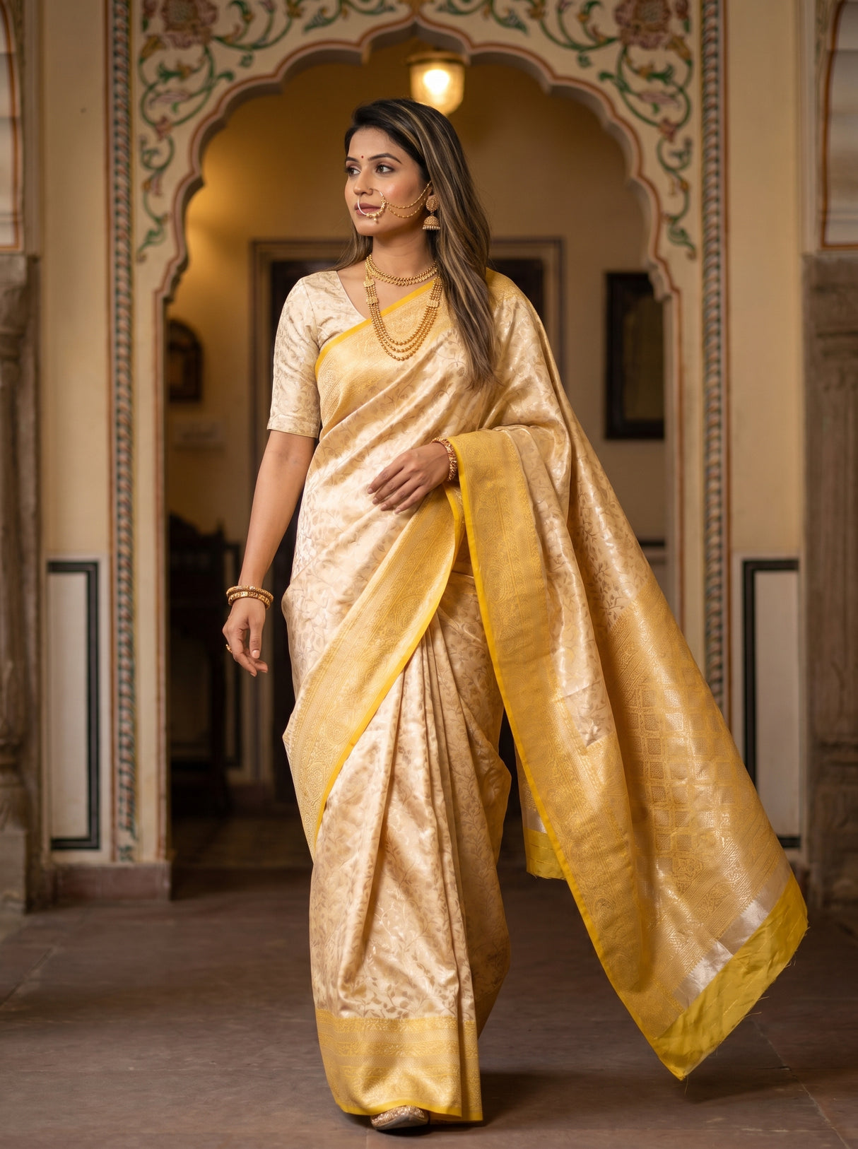 MIMOSA Mustard Kanjivaram Art Silk Saree — pose 7 styling detail
