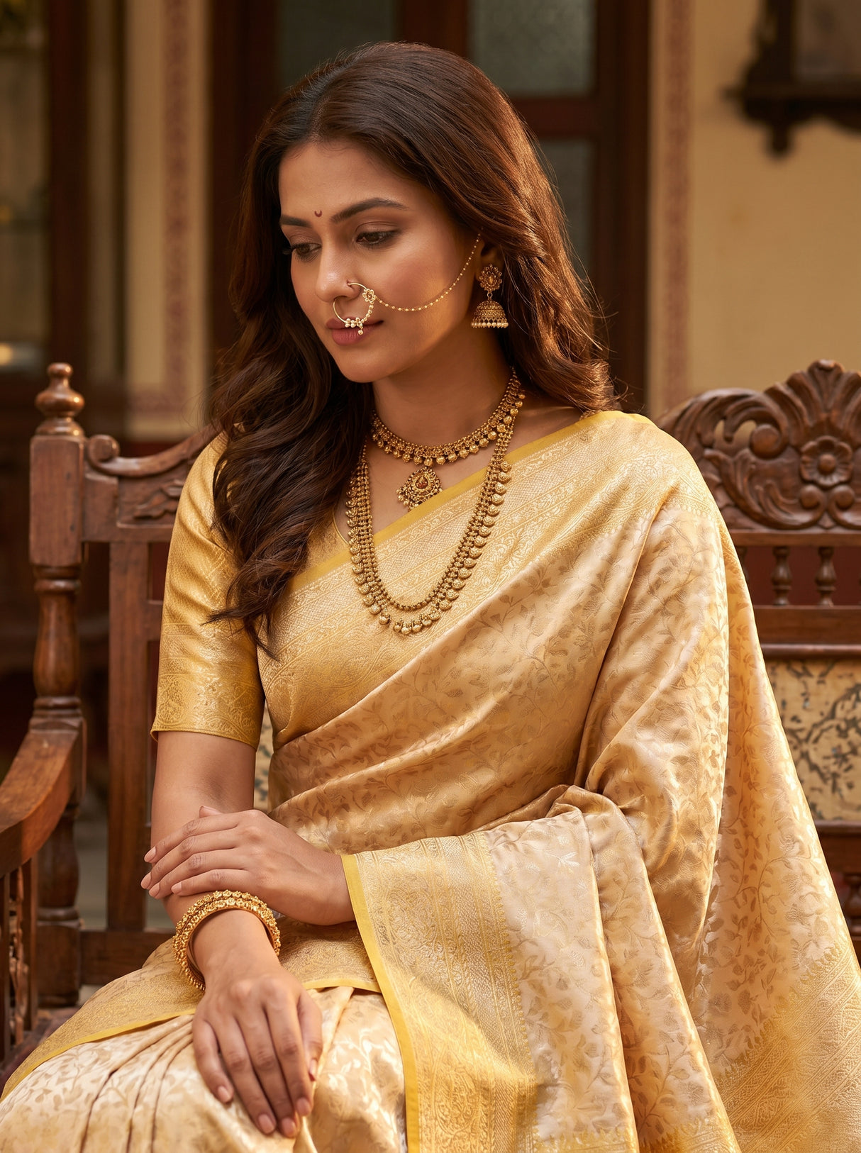 MIMOSA Mustard Kanjivaram Art Silk Saree — pose 8 styling detail