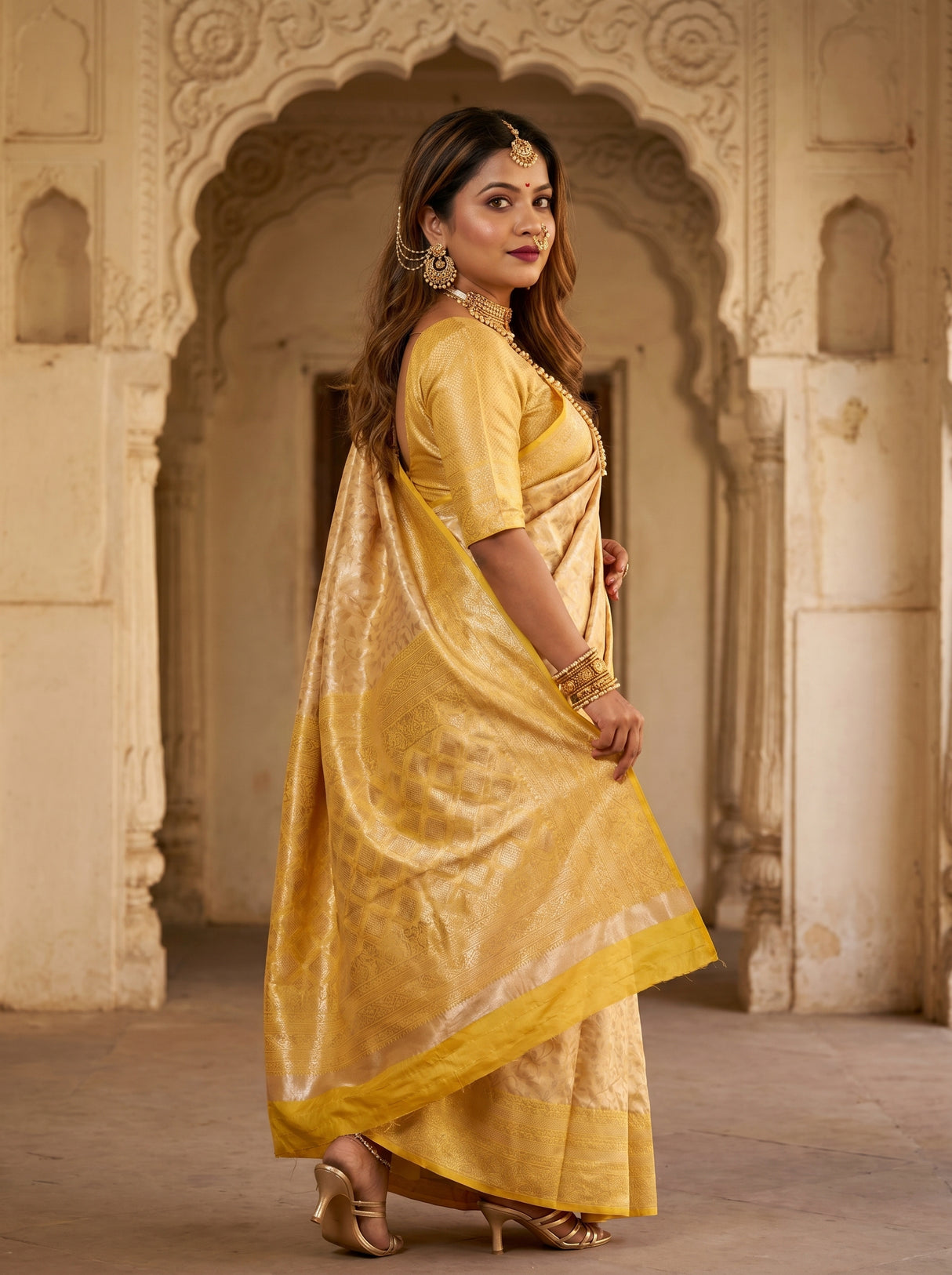 MIMOSA Mustard Kanjivaram Art Silk Saree — pose 9 styling detail