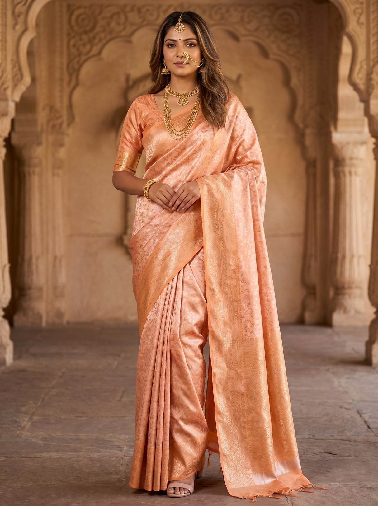MIMOSA Peach Kanjivaram Art Silk Saree — full view