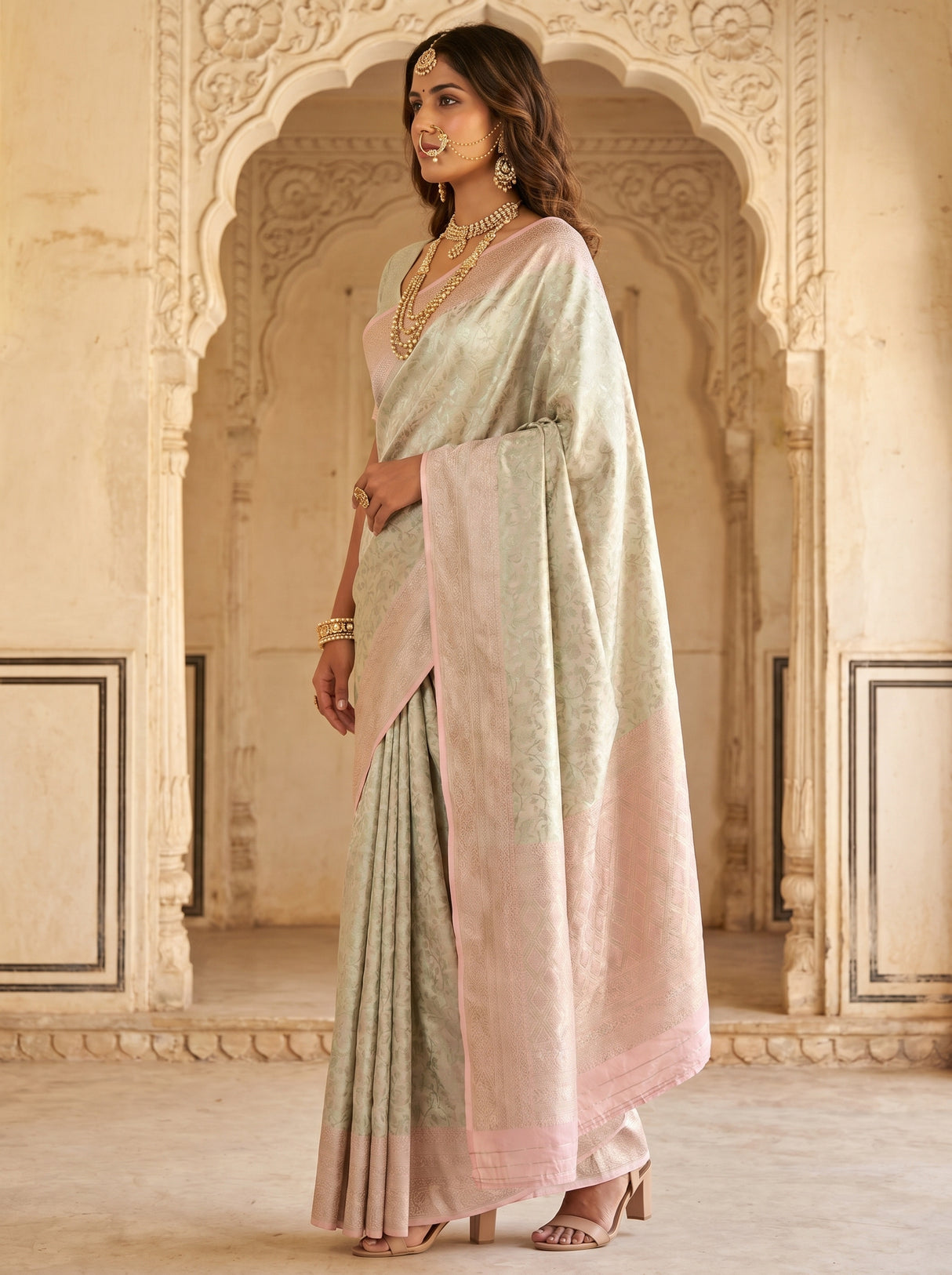 MIMOSA Pink Kanjivaram Art Silk Saree — side view showing drape