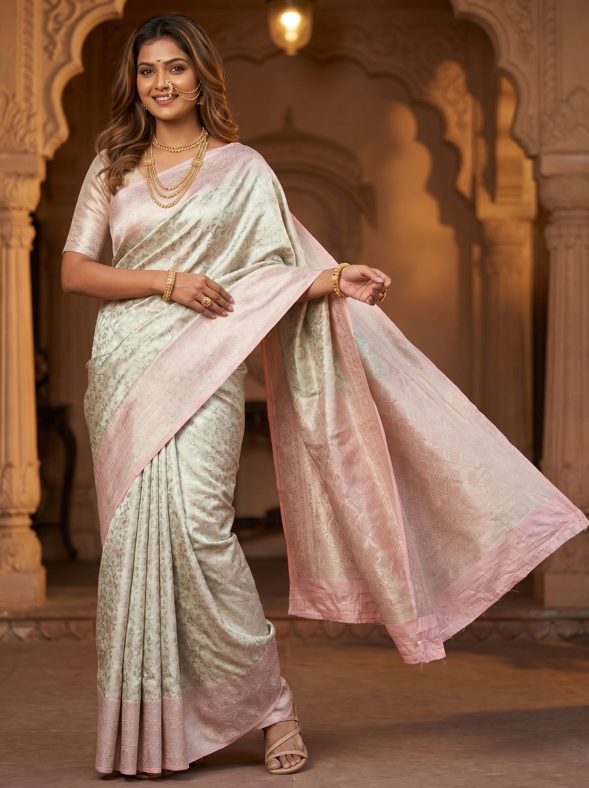 MIMOSA Pink Kanjivaram Art Silk Saree — view of the pallu and pleats