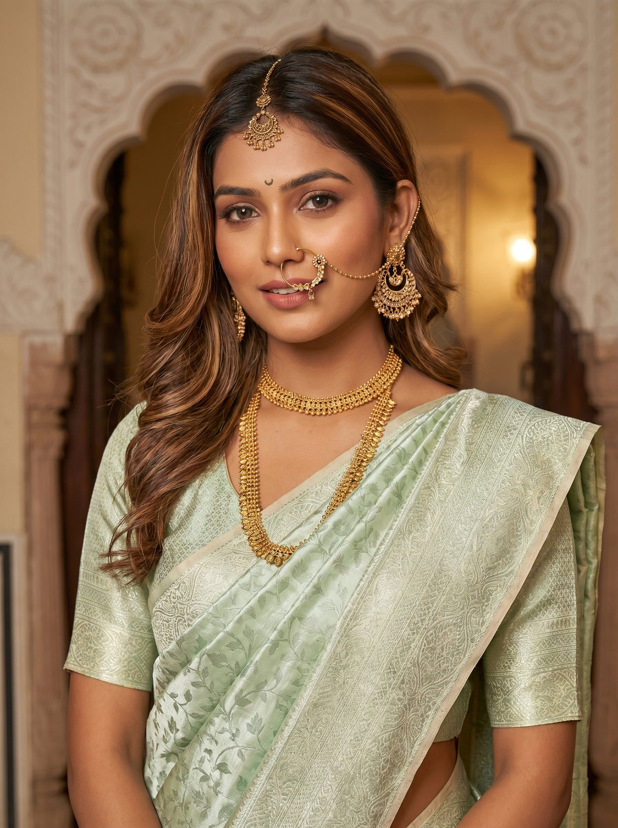 MIMOSA Pista Kanjivaram Art Silk Saree — pose 10 styling detail