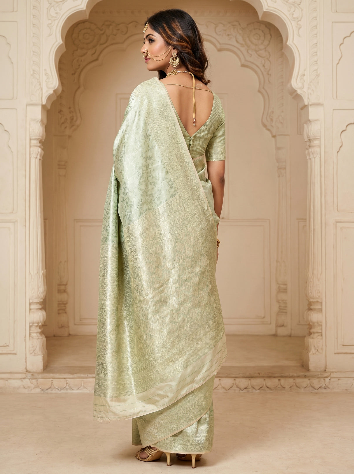 MIMOSA Pista Kanjivaram Art Silk Saree — close up of blouse and jewelry