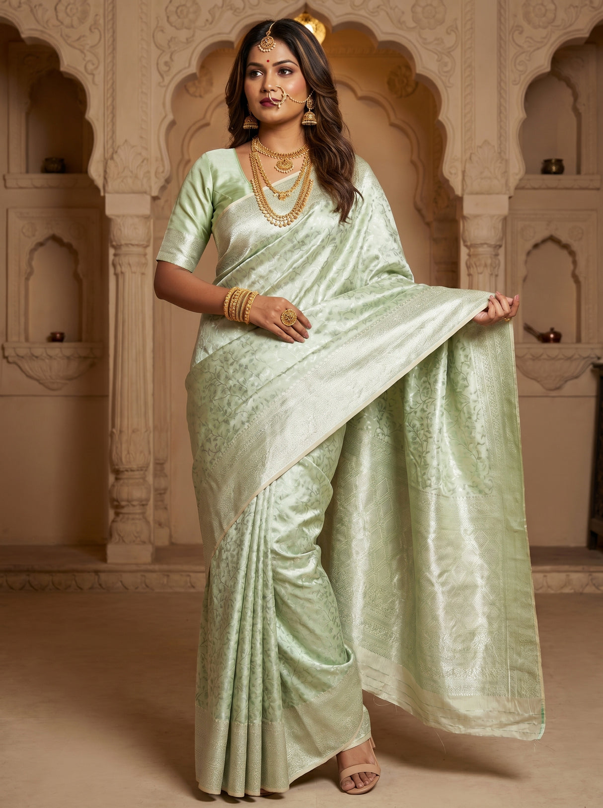 MIMOSA Pista Kanjivaram Art Silk Saree — pose 6 styling detail