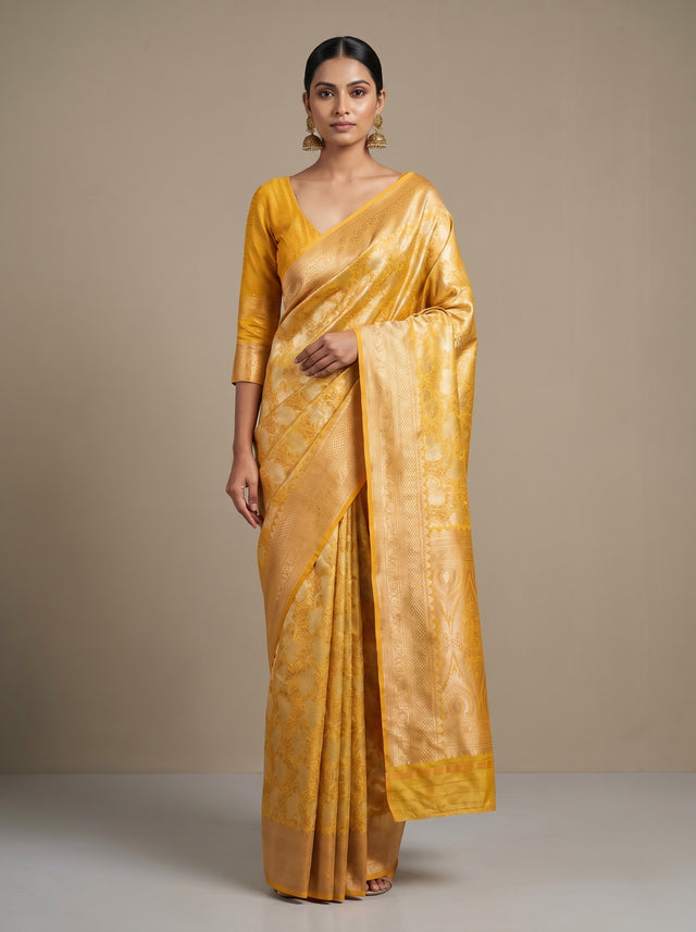 MIMOSA Mustard Kanjivaram Art Silk Saree — full view on model