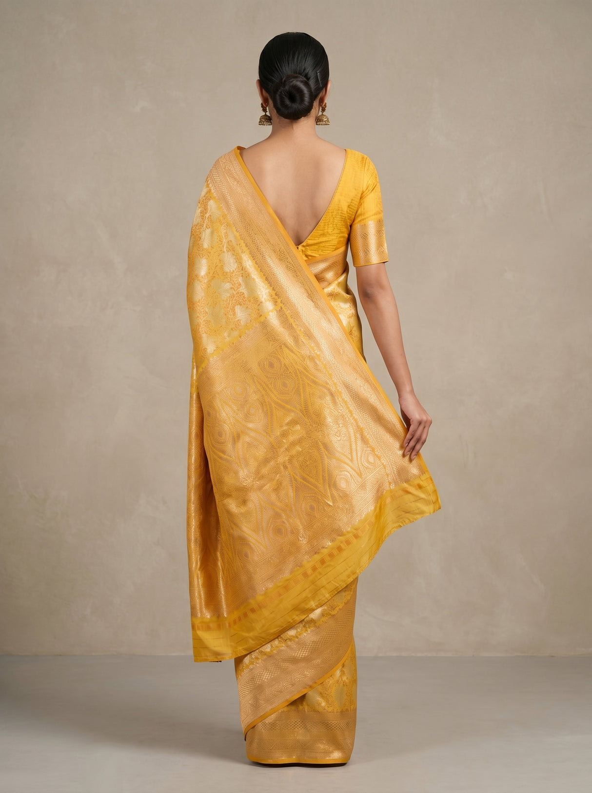 MIMOSA Mustard Kanjivaram Art Silk Saree — close-up of blouse and necklace