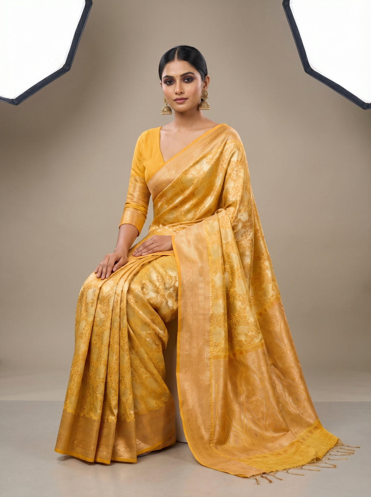 MIMOSA Mustard Kanjivaram Art Silk Saree — view of the pallu drape
