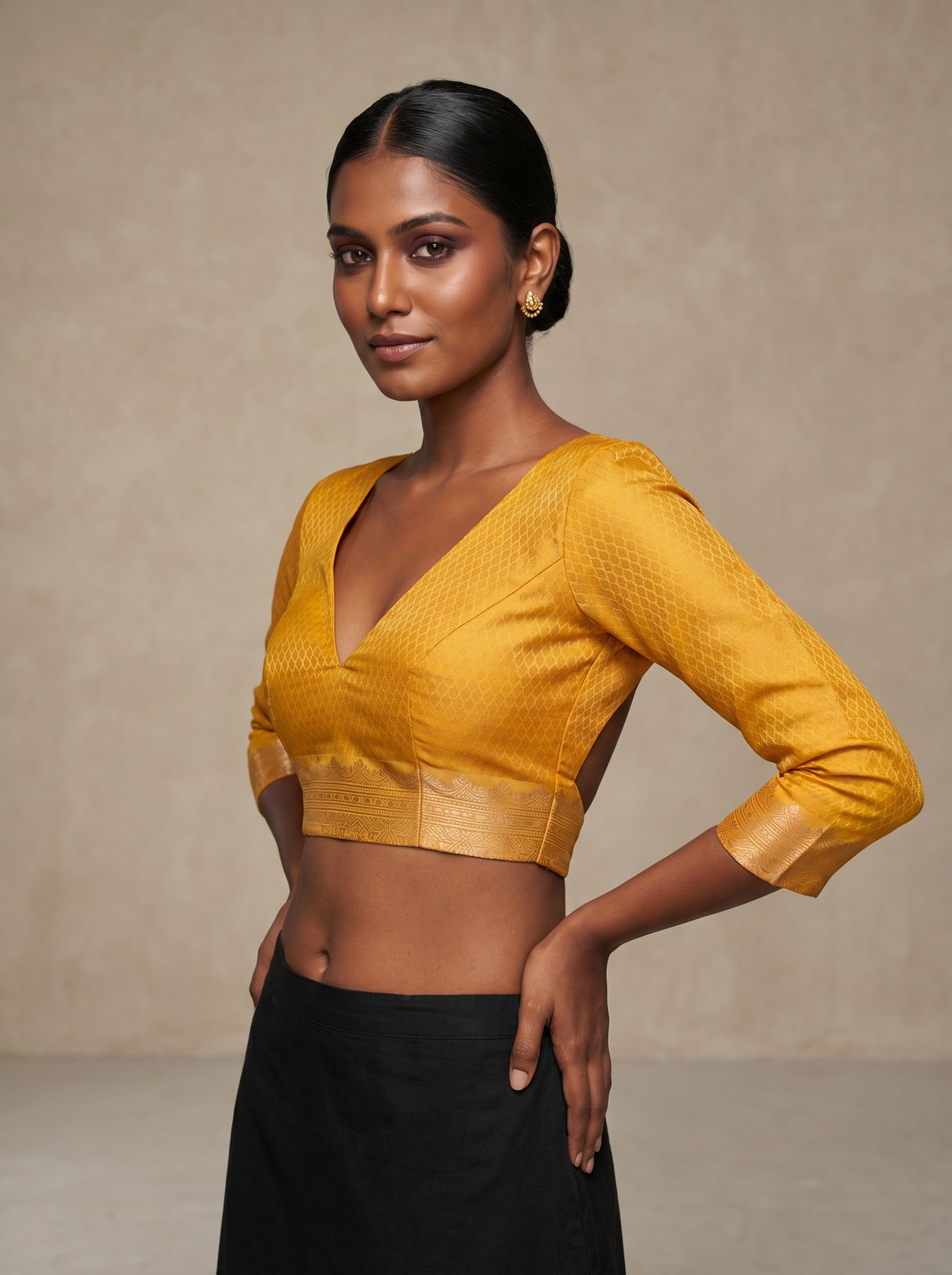 MIMOSA Mustard Kanjivaram Art Silk Saree — blouse close-up