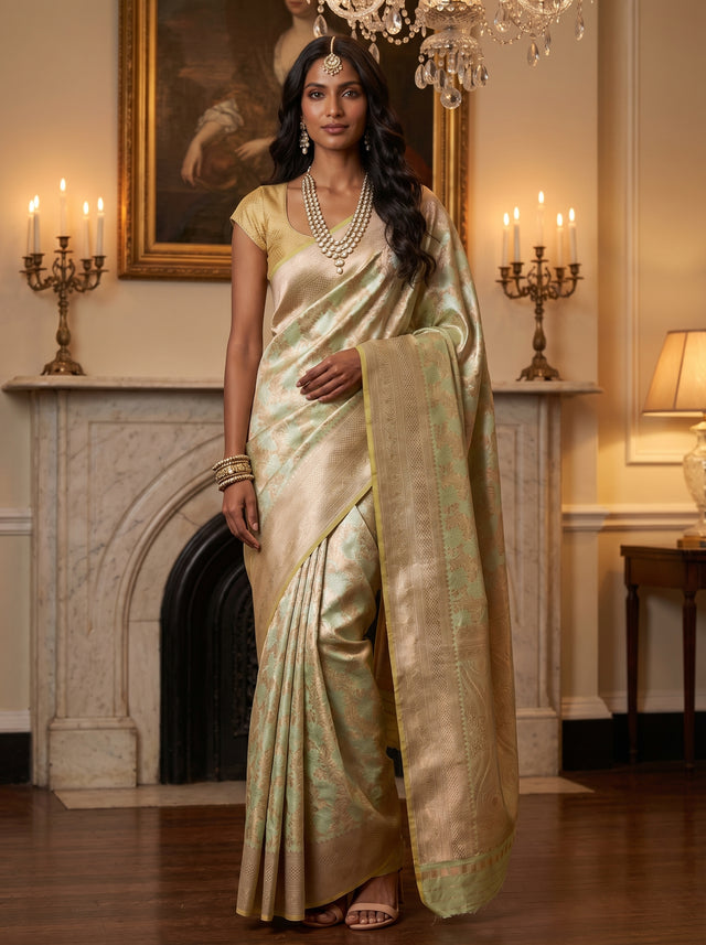 MIMOSA Olive Kanjivaram Art Silk Saree — full view on model