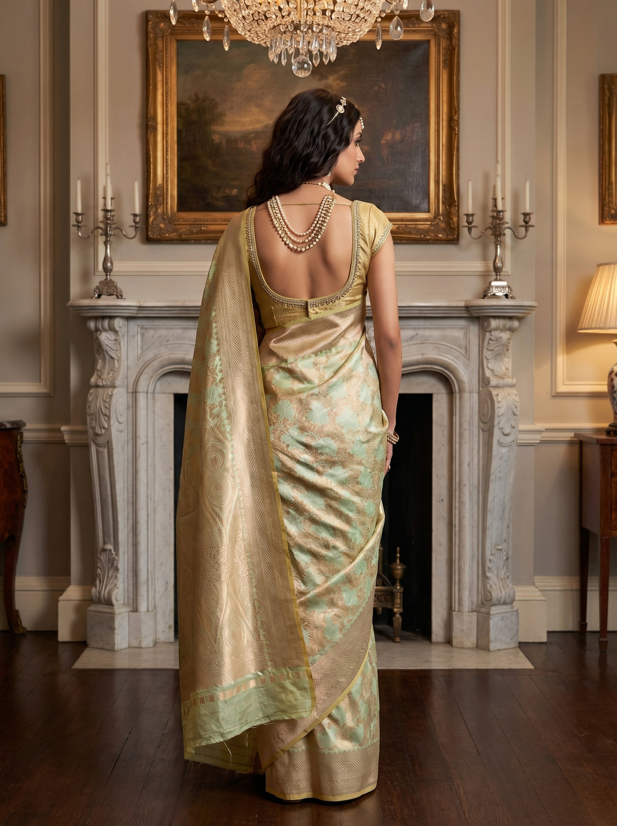 MIMOSA Olive Kanjivaram Art Silk Saree — close-up of blouse and necklace
