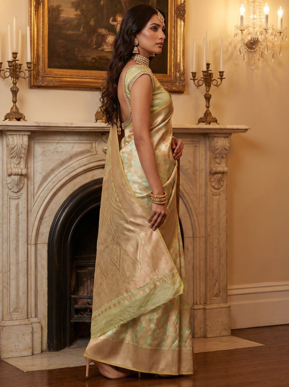 MIMOSA Olive Kanjivaram Art Silk Saree — detail of fabric and border