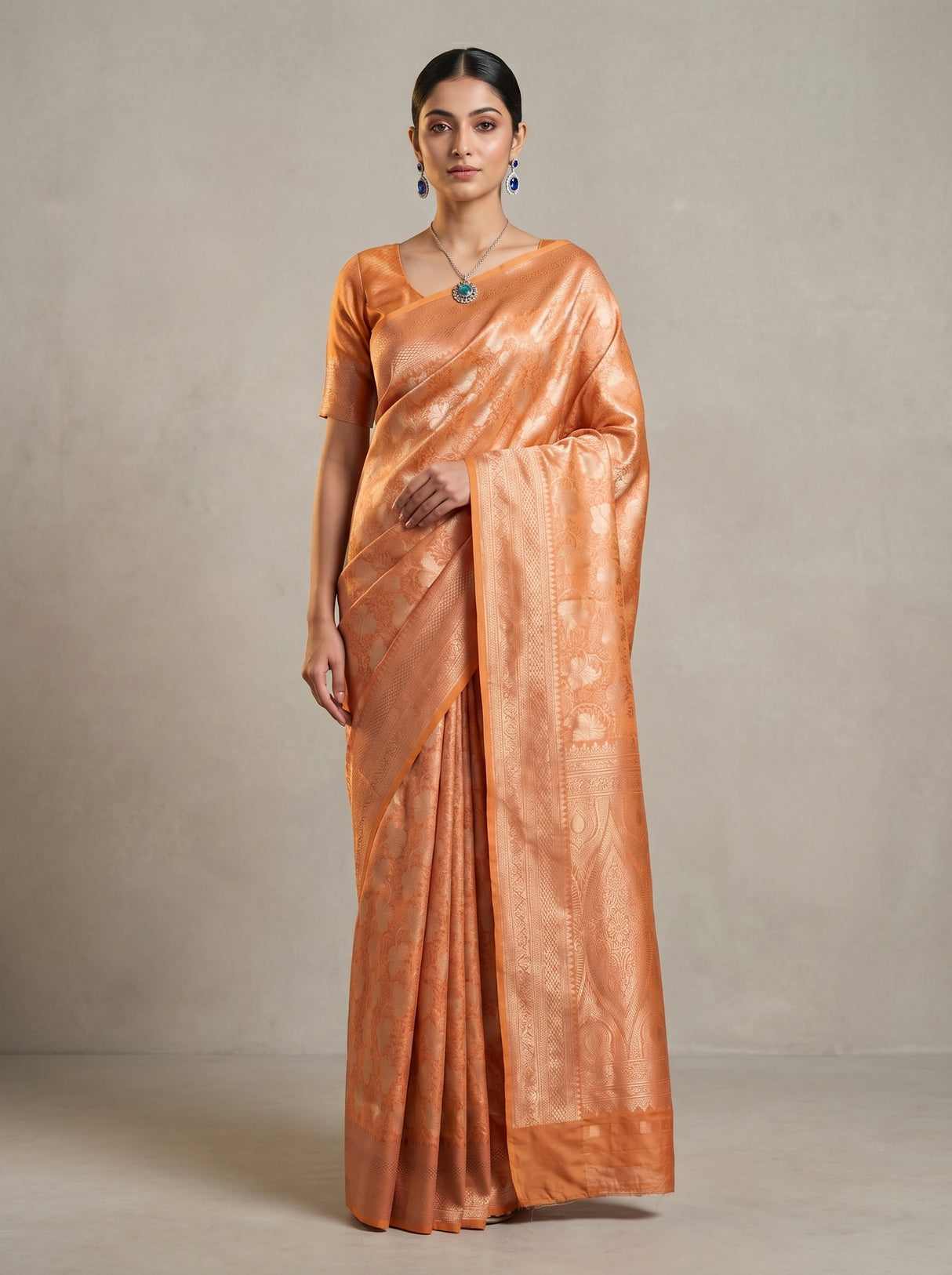 MIMOSA Orange Kanjivaram Art Silk Saree — full view on model