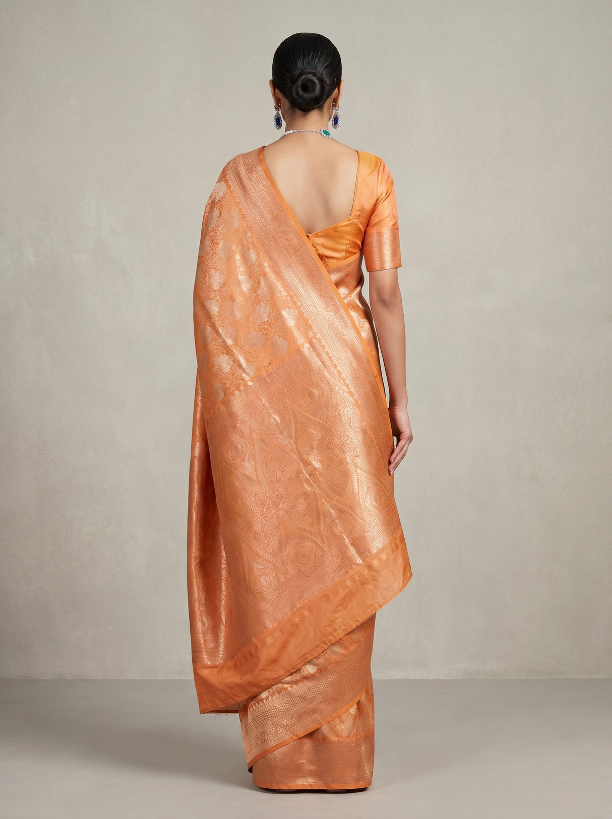 MIMOSA Orange Kanjivaram Art Silk Saree — close-up of blouse and necklace