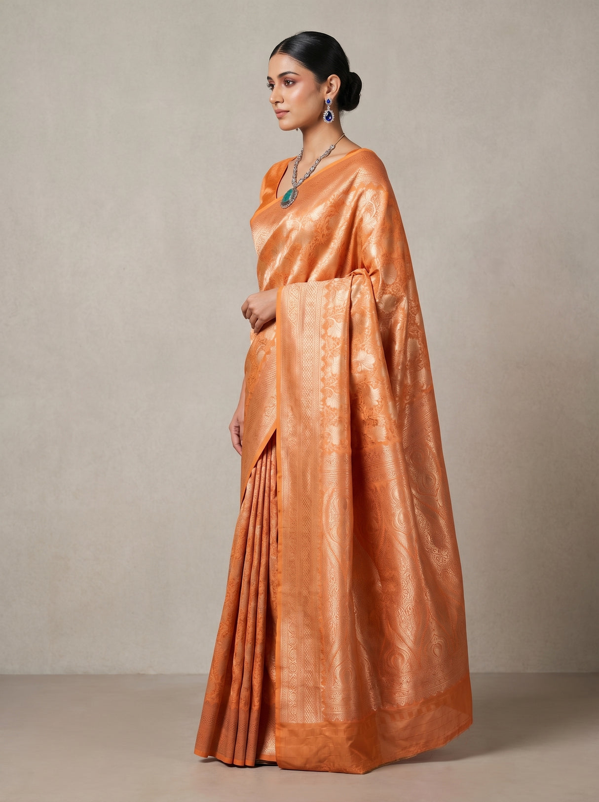 MIMOSA Orange Kanjivaram Art Silk Saree — detail of fabric and border