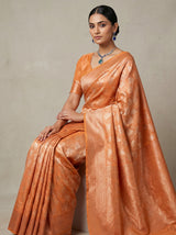 MIMOSA Orange Kanjivaram Art Silk Saree — close-up of the pleats and border