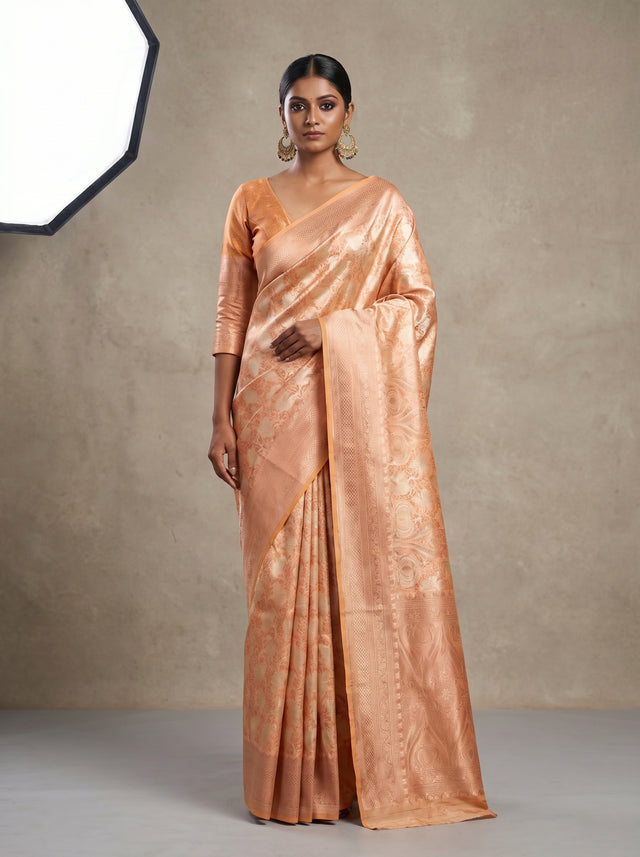 MIMOSA Peach Kanjivaram Art Silk Saree — full view on model