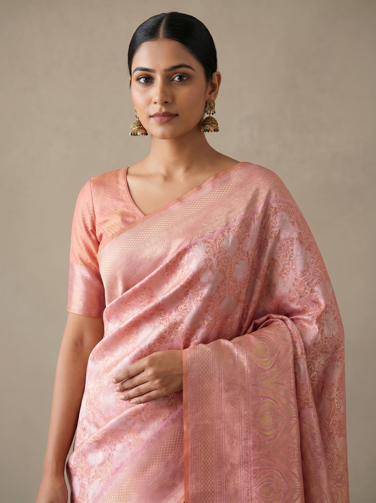 MIMOSA Pink Kanjivaram Art Silk Saree — close-up of the pleats and border