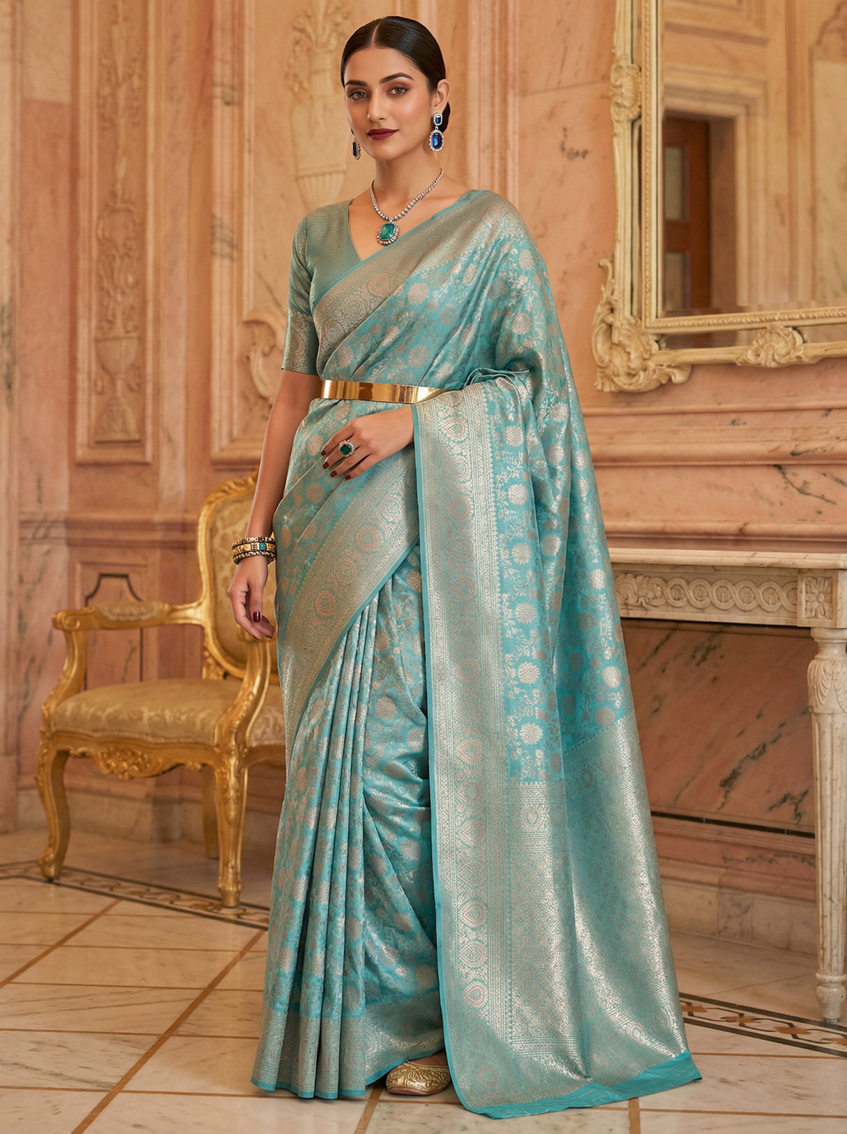 MIMOSA Ananda Kanjivaram Art Silk Saree — Close-up of Face and Blouse