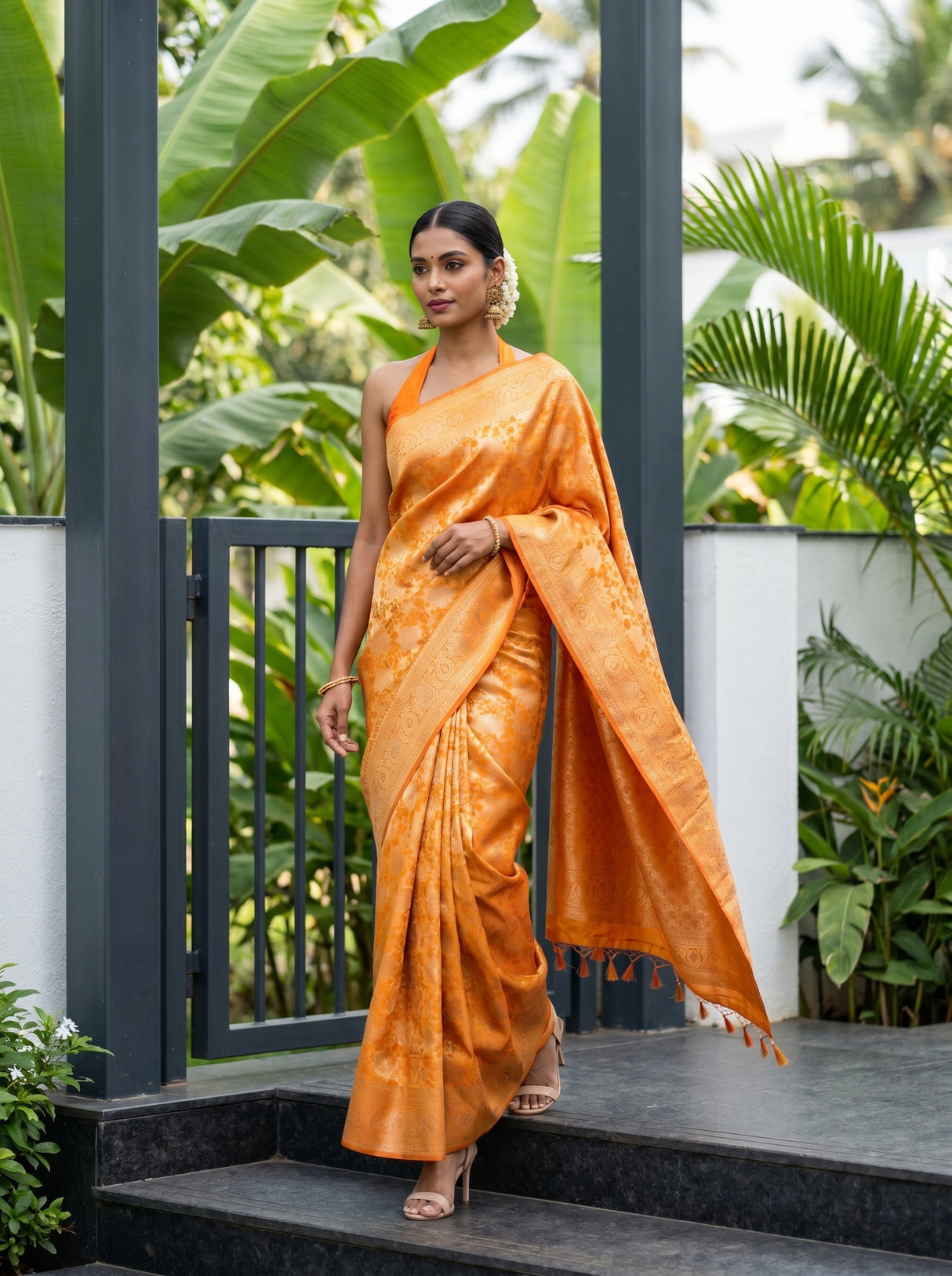 MIMOSA Mustard Kanjivaram Art Silk Saree — Lower Body and Drape Detail