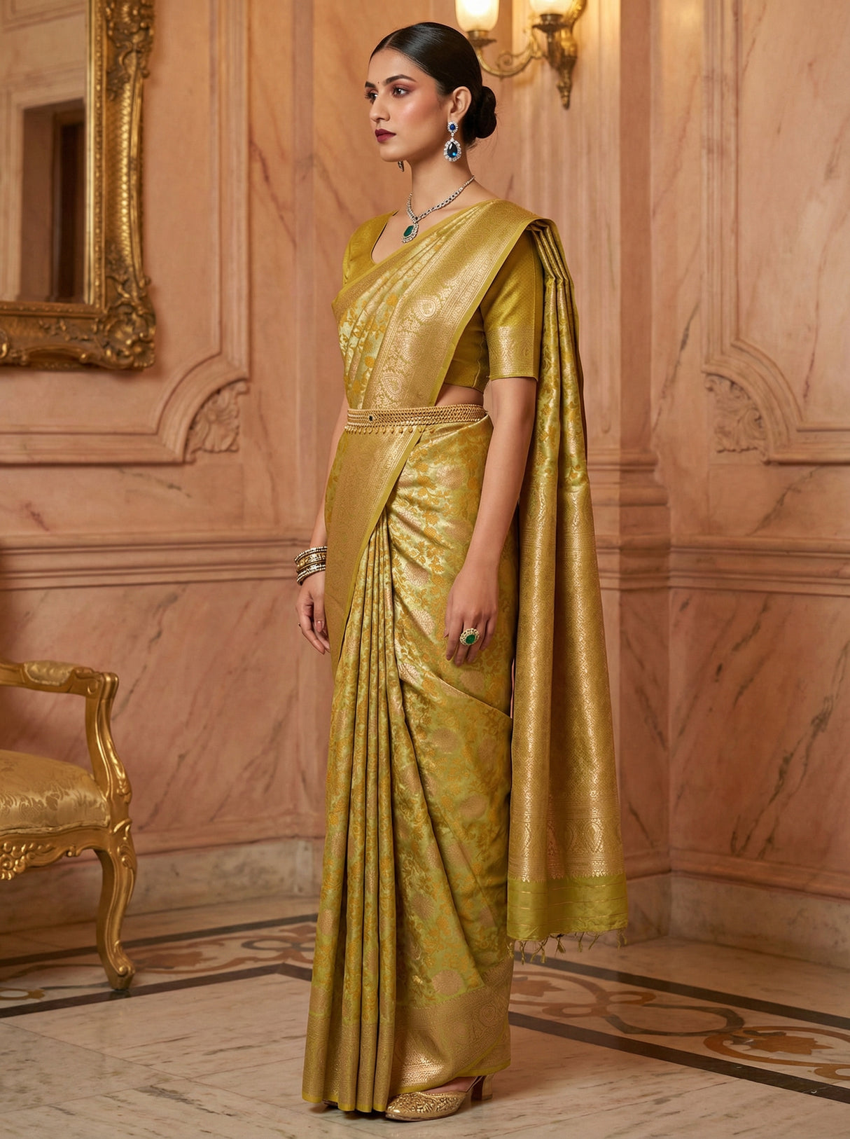 MIMOSA Olive Kanjivaram Art Silk Saree — Side View