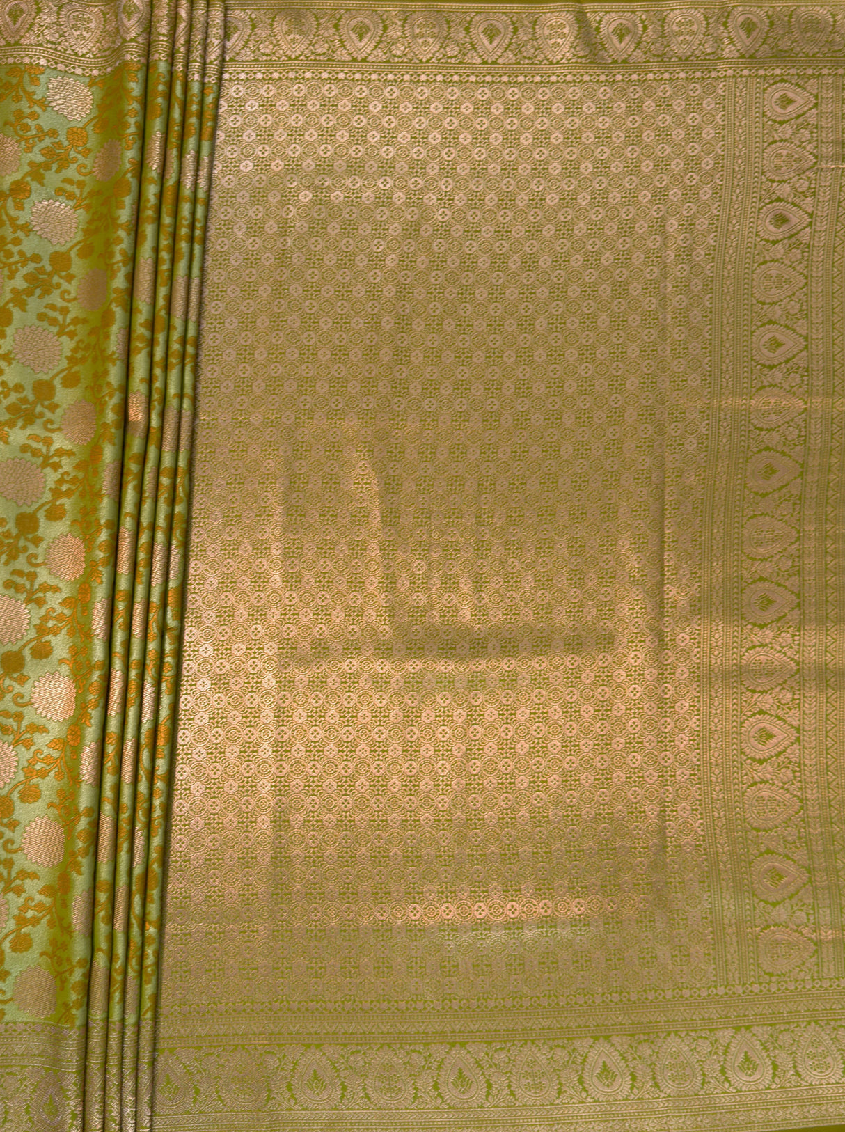 MIMOSA Olive Kanjivaram Art Silk Saree — pallu and zari work detail