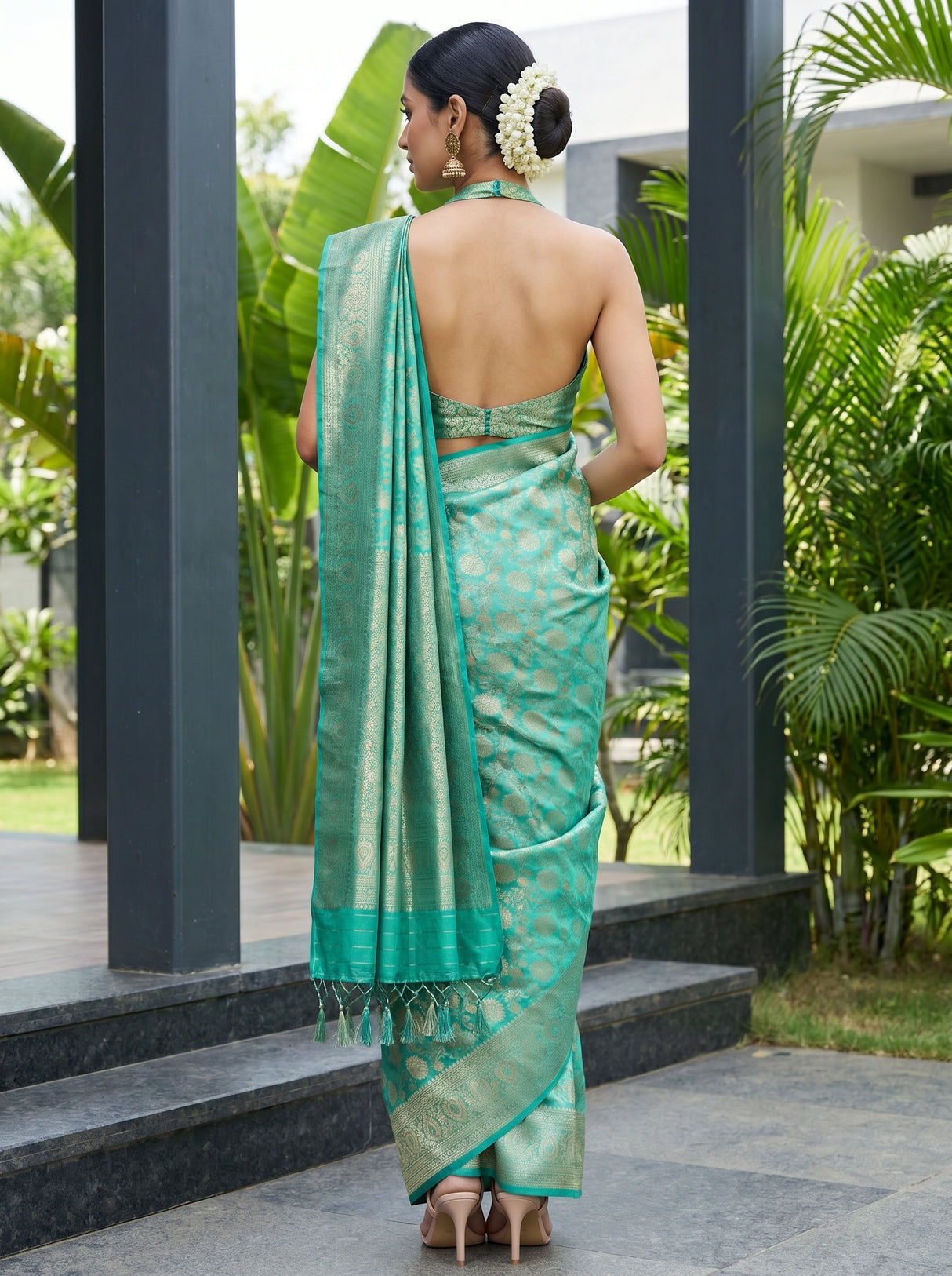 MIMOSA Rama Kanjivaram Art Silk Saree — Close-up of Face and Blouse