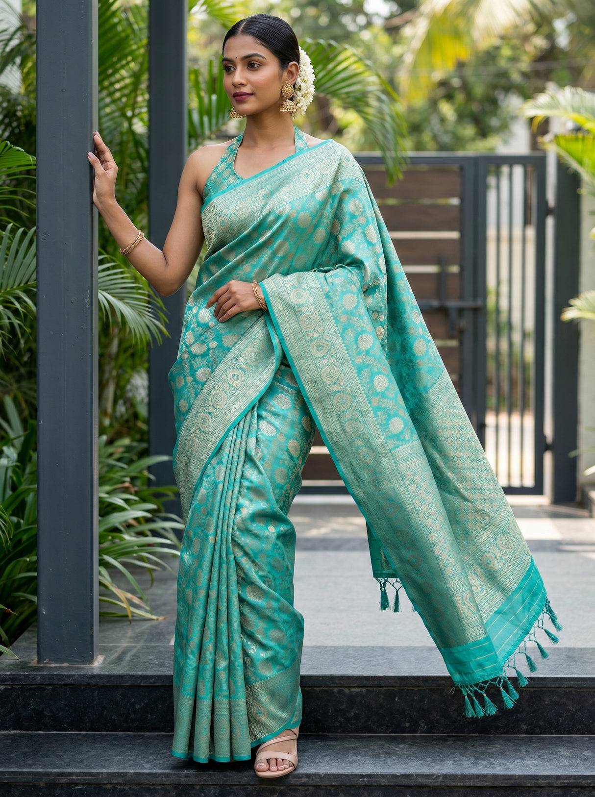 MIMOSA Rama Kanjivaram Art Silk Saree — Side View