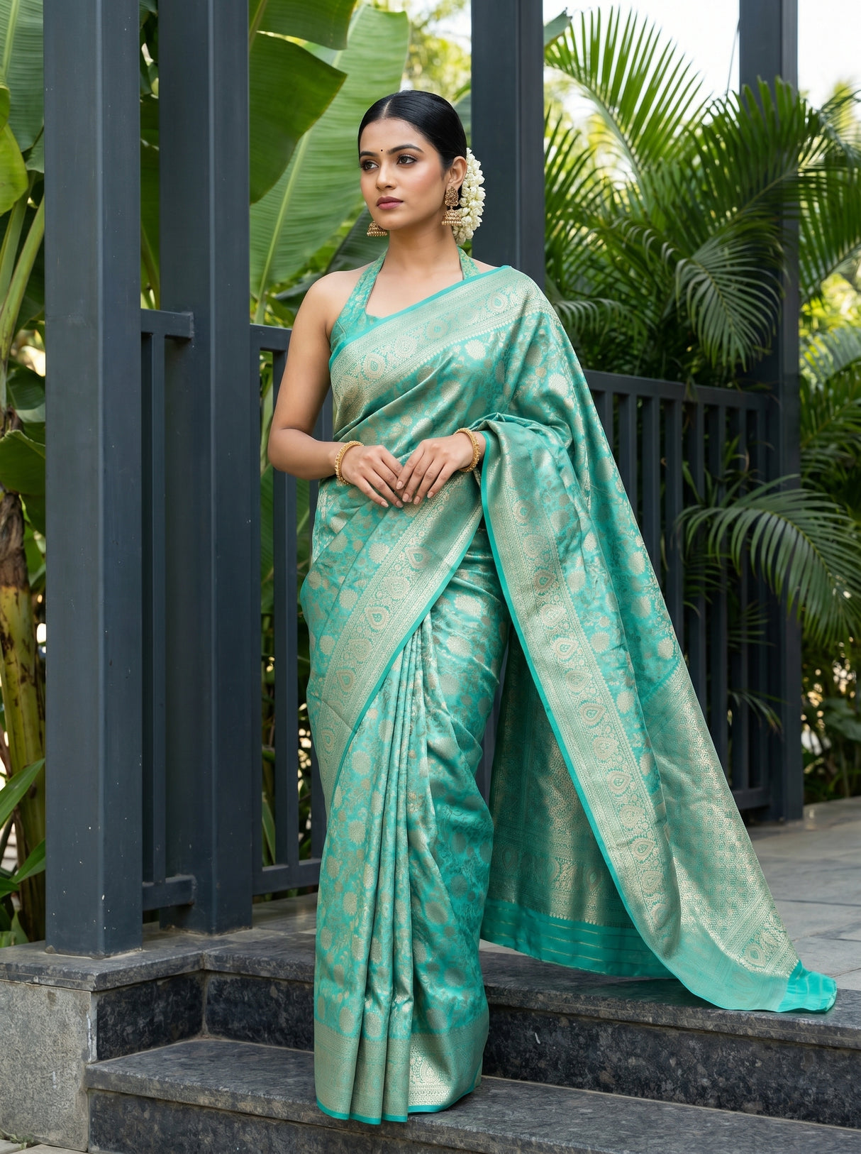 MIMOSA Rama Kanjivaram Art Silk Saree — Close-up of Draped Fabric