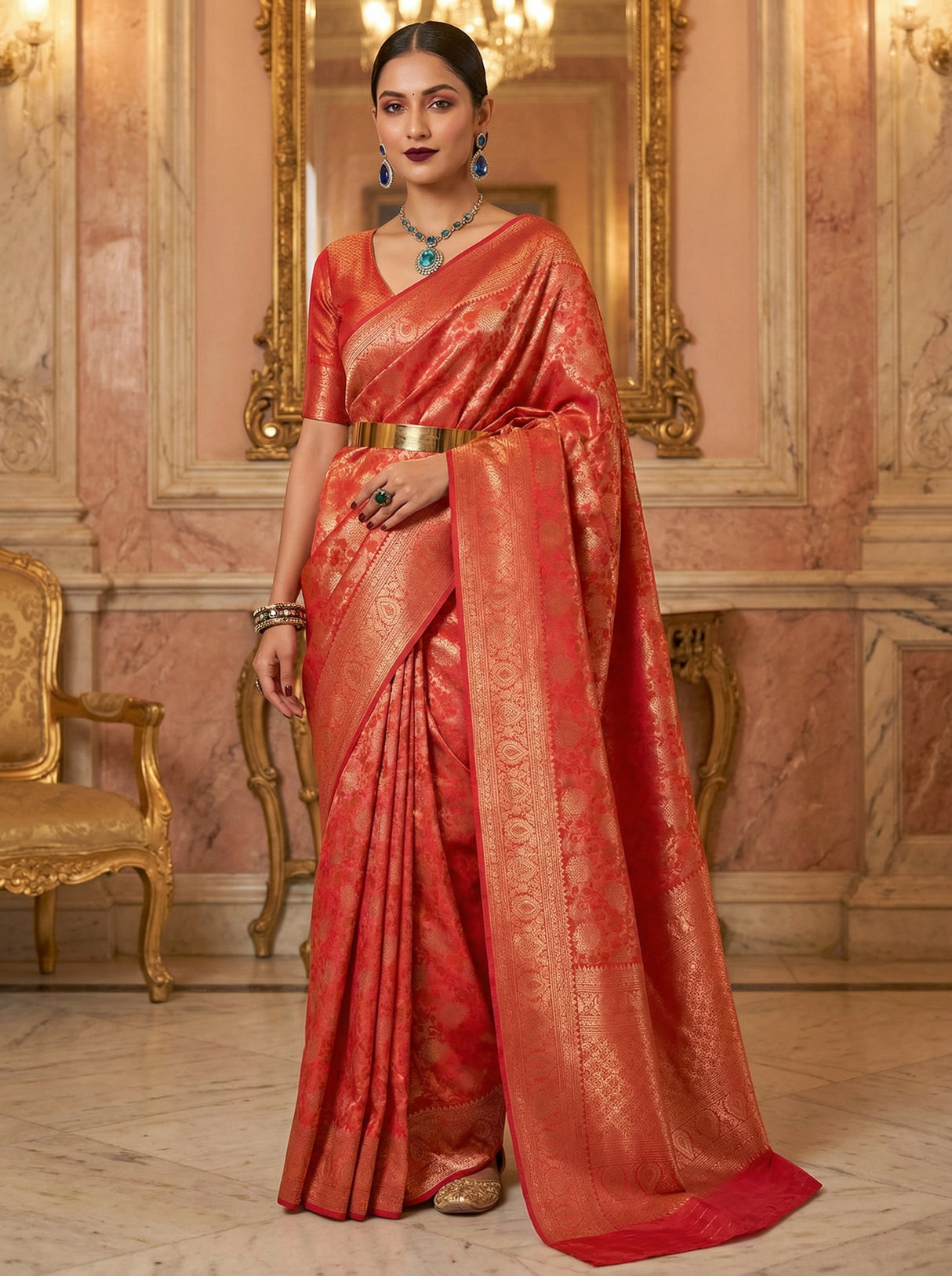 MIMOSA Strawberry Kanjivaram Art Silk Saree — Close-up of Face and Blouse