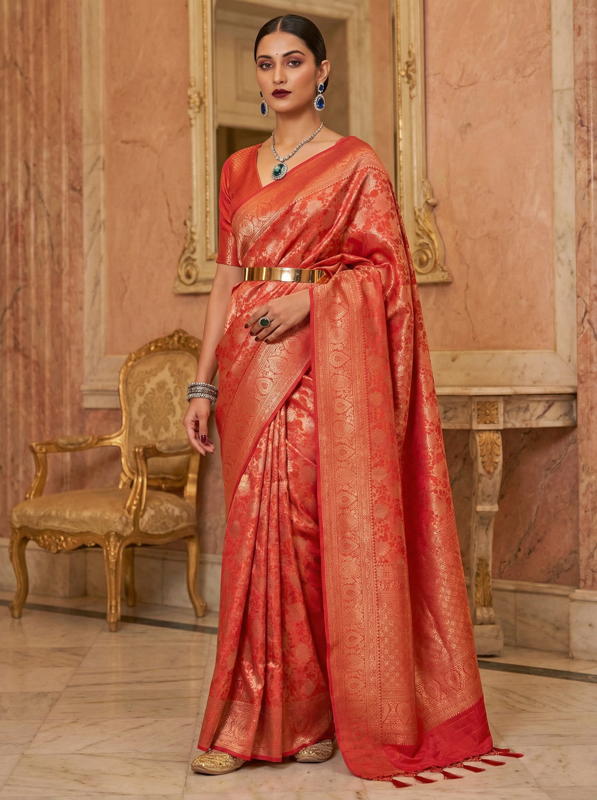 MIMOSA Strawberry Kanjivaram Art Silk Saree — Lower Body and Drape Detail