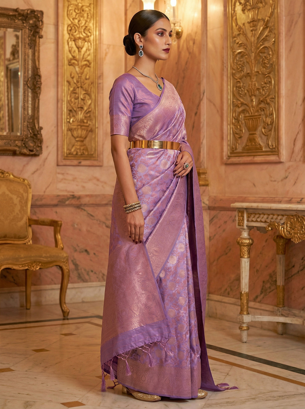 MIMOSA Violet Kanjivaram Art Silk Saree — Close-up of Face and Blouse