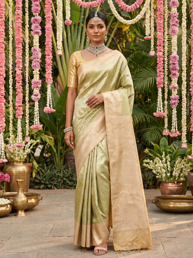 MIMOSA Olive Kanjivaram Art Silk Saree — full view of the model standing