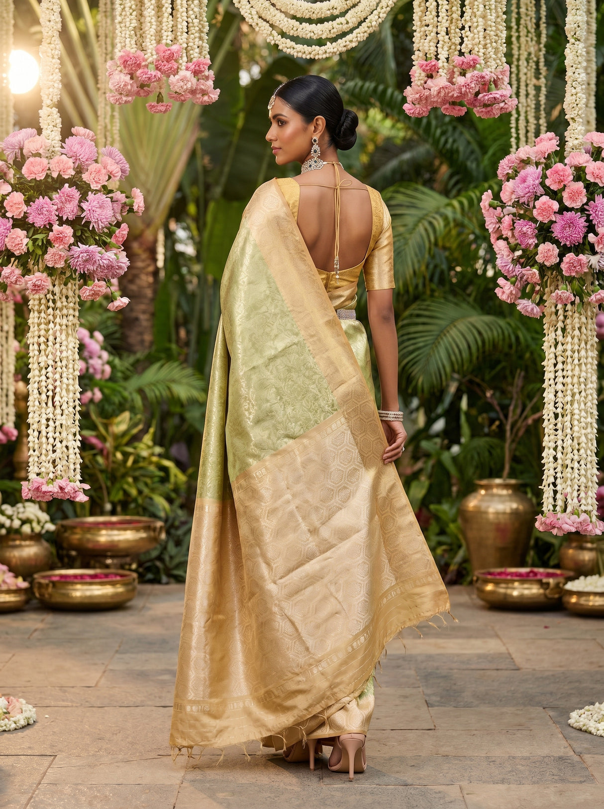 MIMOSA Olive Kanjivaram Art Silk Saree — close-up of the jewelry and blouse