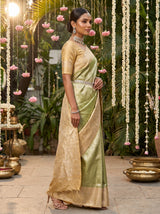 MIMOSA Olive Kanjivaram Art Silk Saree — mid-shot showing the drape and border