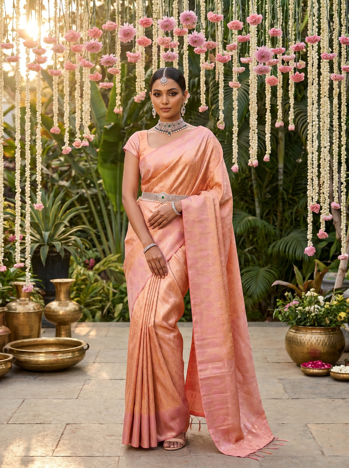 MIMOSA Peach Kanjivaram Art Silk Saree — full view of the model standing