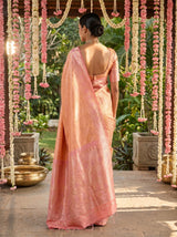MIMOSA Peach Kanjivaram Art Silk Saree — close-up of the jewelry and blouse