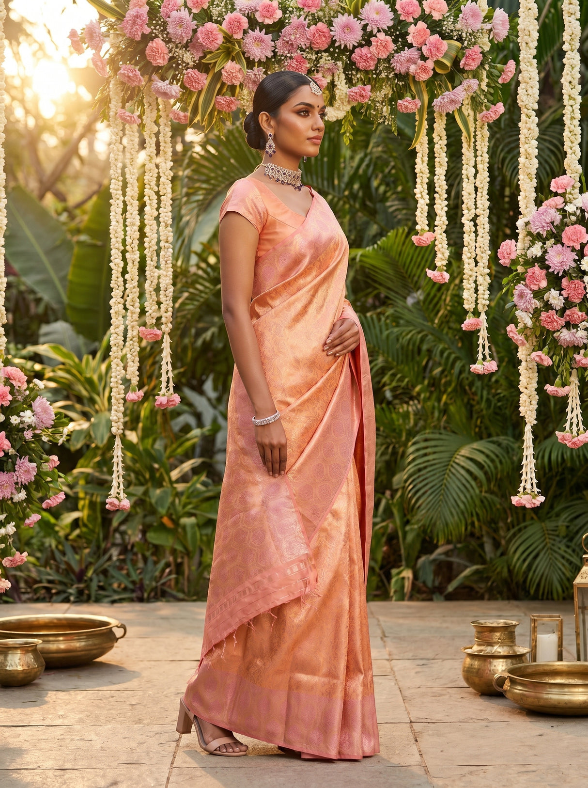 MIMOSA Peach Kanjivaram Art Silk Saree — mid-shot showing the drape and border