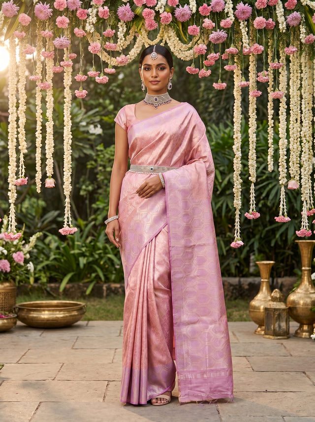 MIMOSA Pink Kanjivaram Art Silk Saree — full view of the model standing