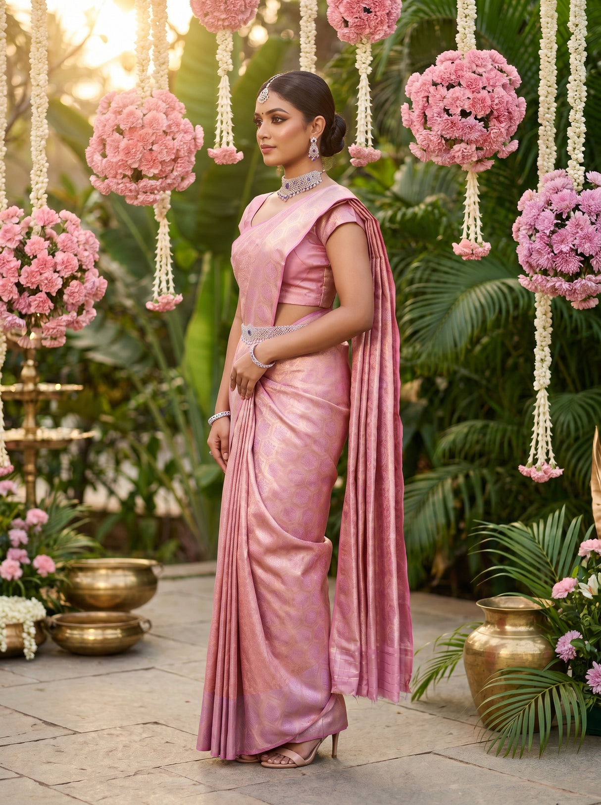 MIMOSA Pink Kanjivaram Art Silk Saree — mid-shot showing the drape and border