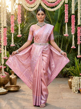 MIMOSA Pink Kanjivaram Art Silk Saree — detailed shot of the saree pleats and border