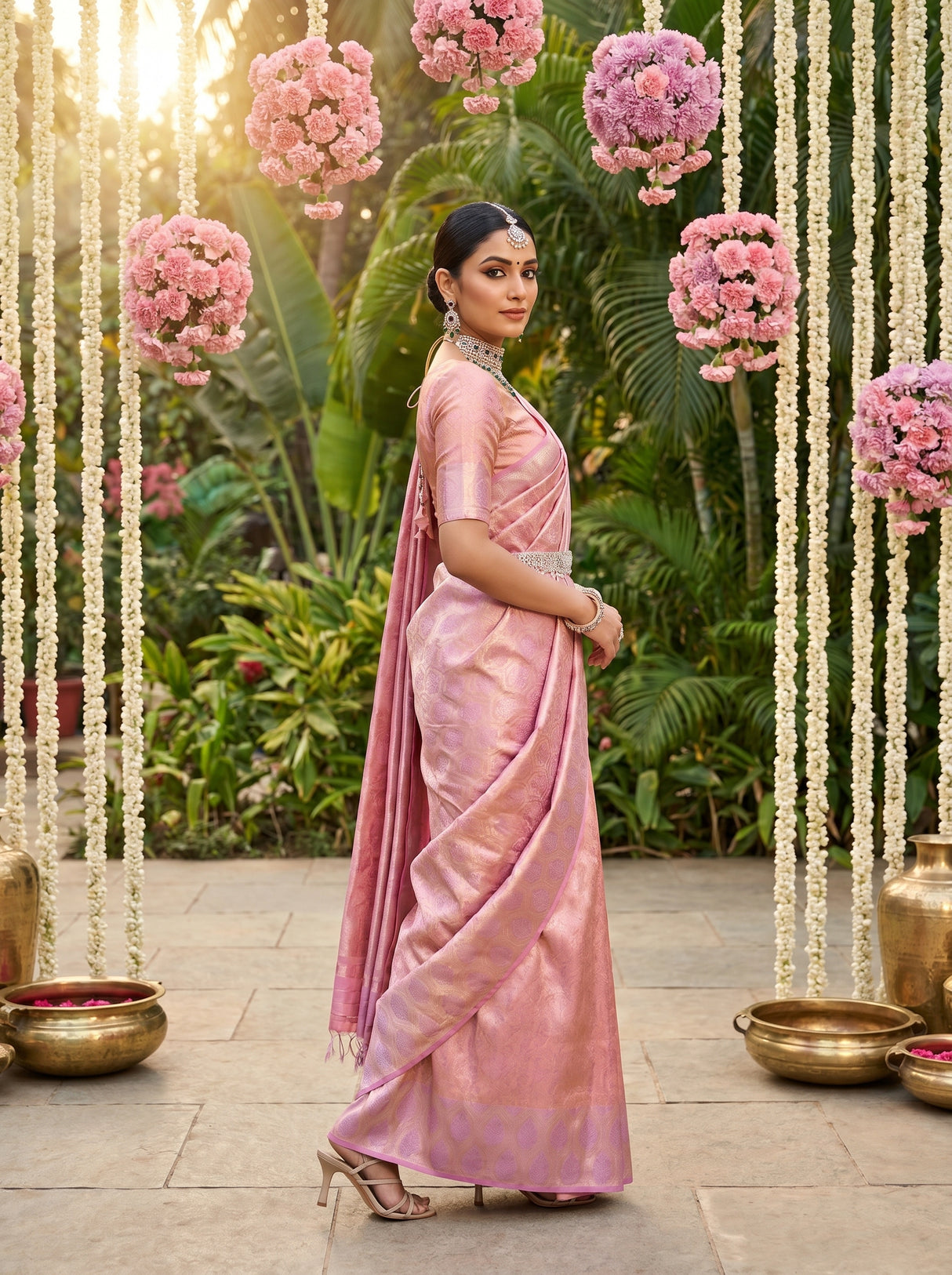 MIMOSA Pink Kanjivaram Art Silk Saree — pose 6 styling detail